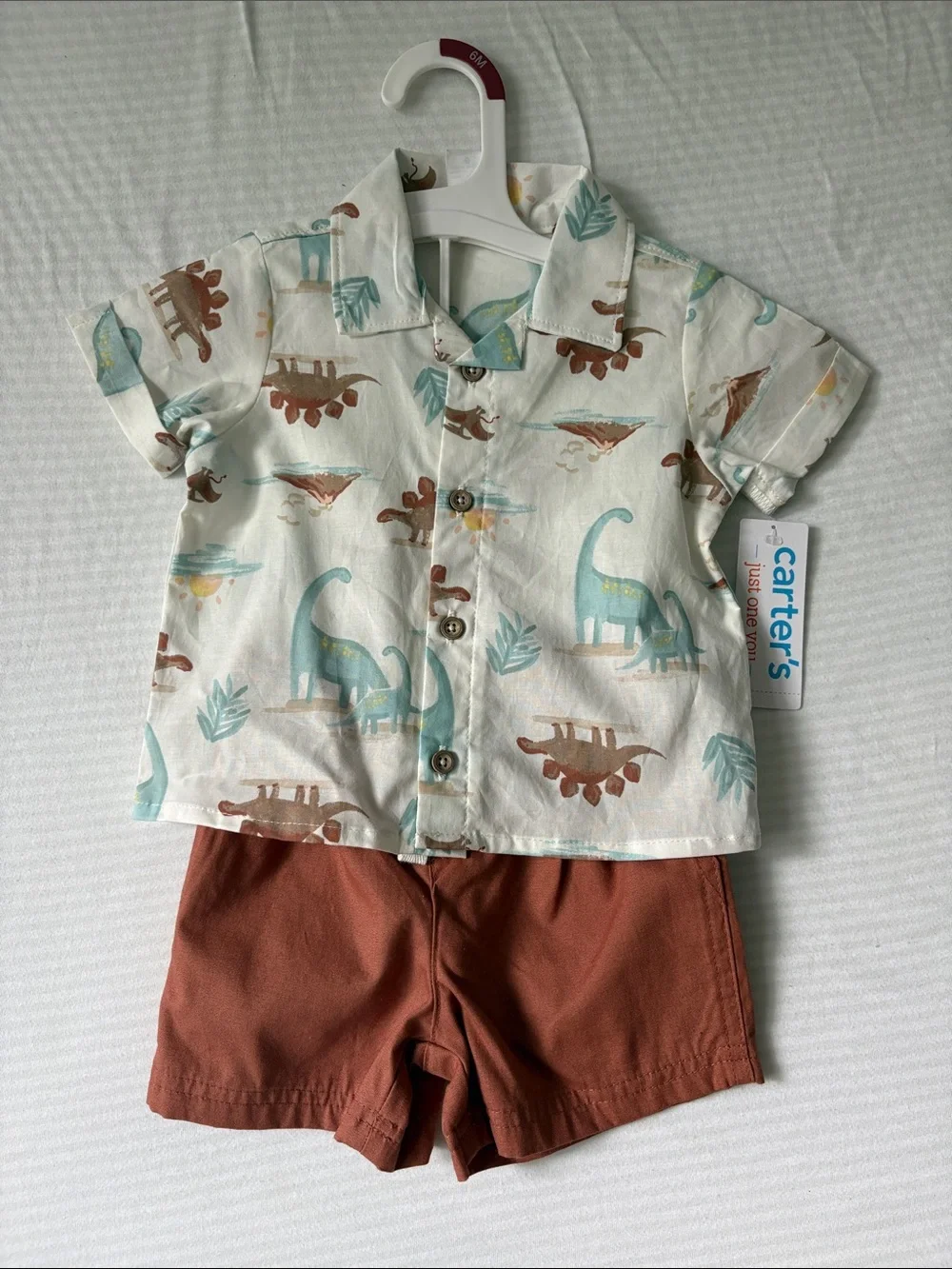 Carter's Dino Print Button-Down Shirt with Rust Shorts